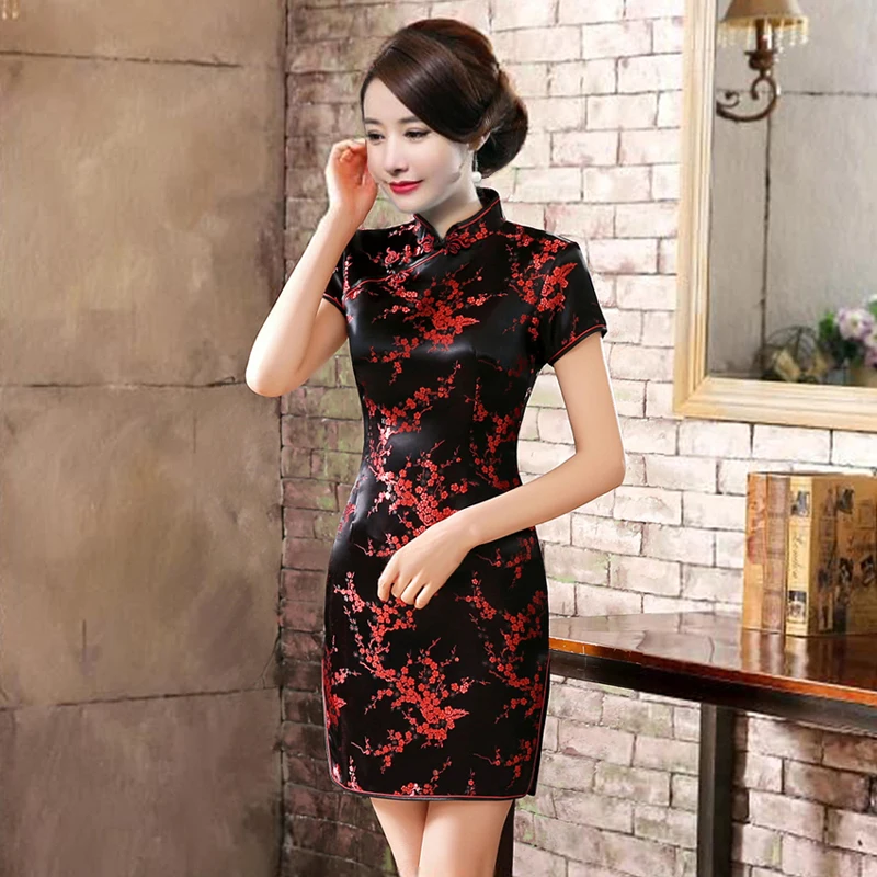 Mini Cheongsam New Arrival Vintage Chinese style Women\'s Satin Qipao Spring Sexy Party Dress Mujer Vestidos S-6XL