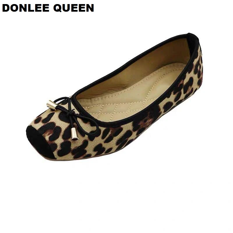 DONLEE QUEEN Women Flats Leopard Square Toe Bow Tie Ballet Shoes Leisure Slip On Ladies Flat Comfortable Footwear Moccasins Shoe