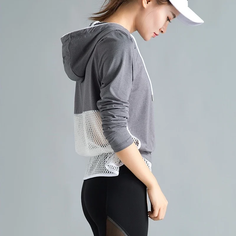 U17287 Hoodies Yoga Shirt Women's Loose Blouse Sports  Shirts Running Yoga Top Training Fitness Shirt Sportswear Ladies Mesh