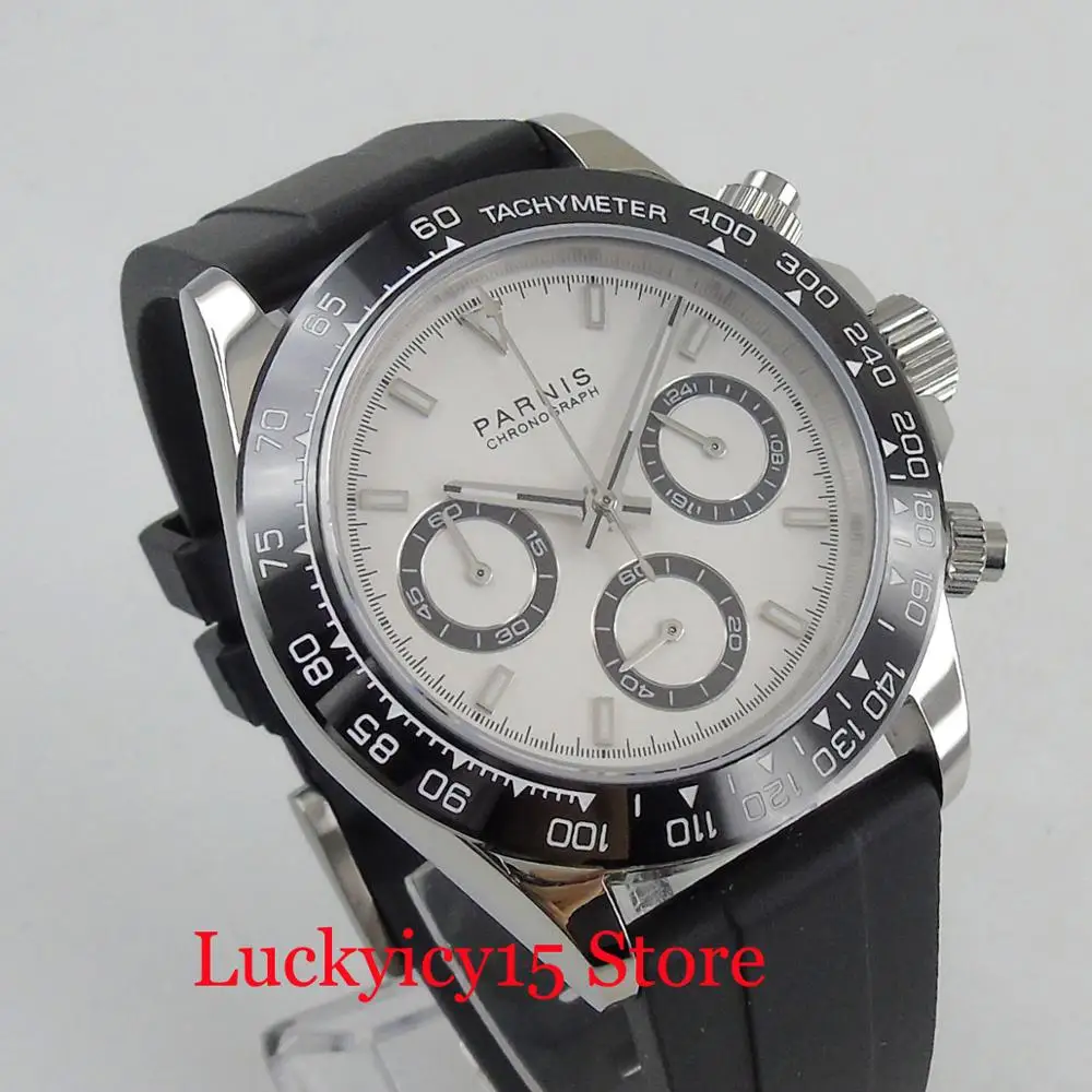 

39mm White Dial Chronograph Function Quartz Men's Watch With Rubber Strap Sapphire Glass