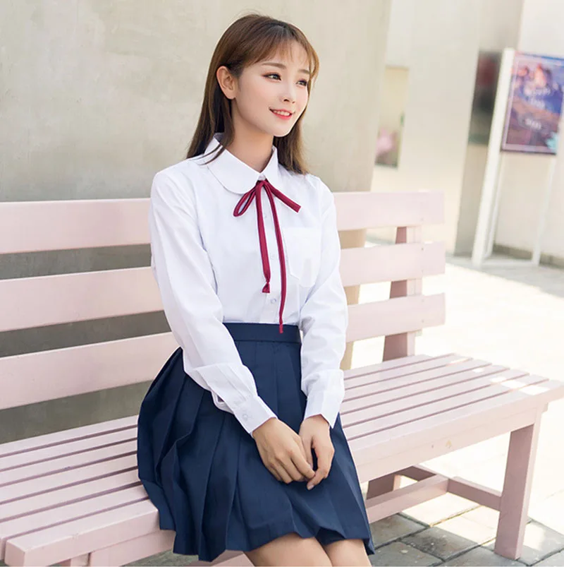 Girls Japanese Korean Style School Uniform Long sleeve Costume White T-shirt Top Navy blue Pleated Skirt with Red Ribbon Tie