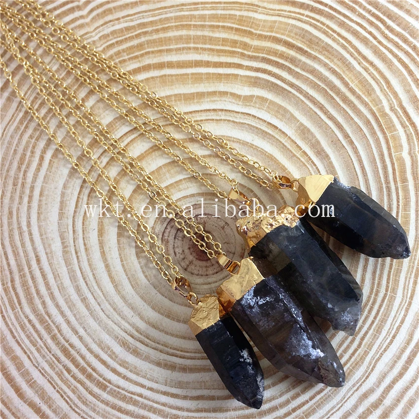 WT-N642 raw smoky stone necklace free form shape gold dipped smoky stone necklace for party  wedding necklace