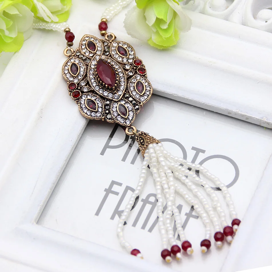 Elegent Arabesque Seed Bead Wedding Tassel Long Necklace Turkish Women Ethnic Jewelry Antique Gold Color Resin Pendant Necklace