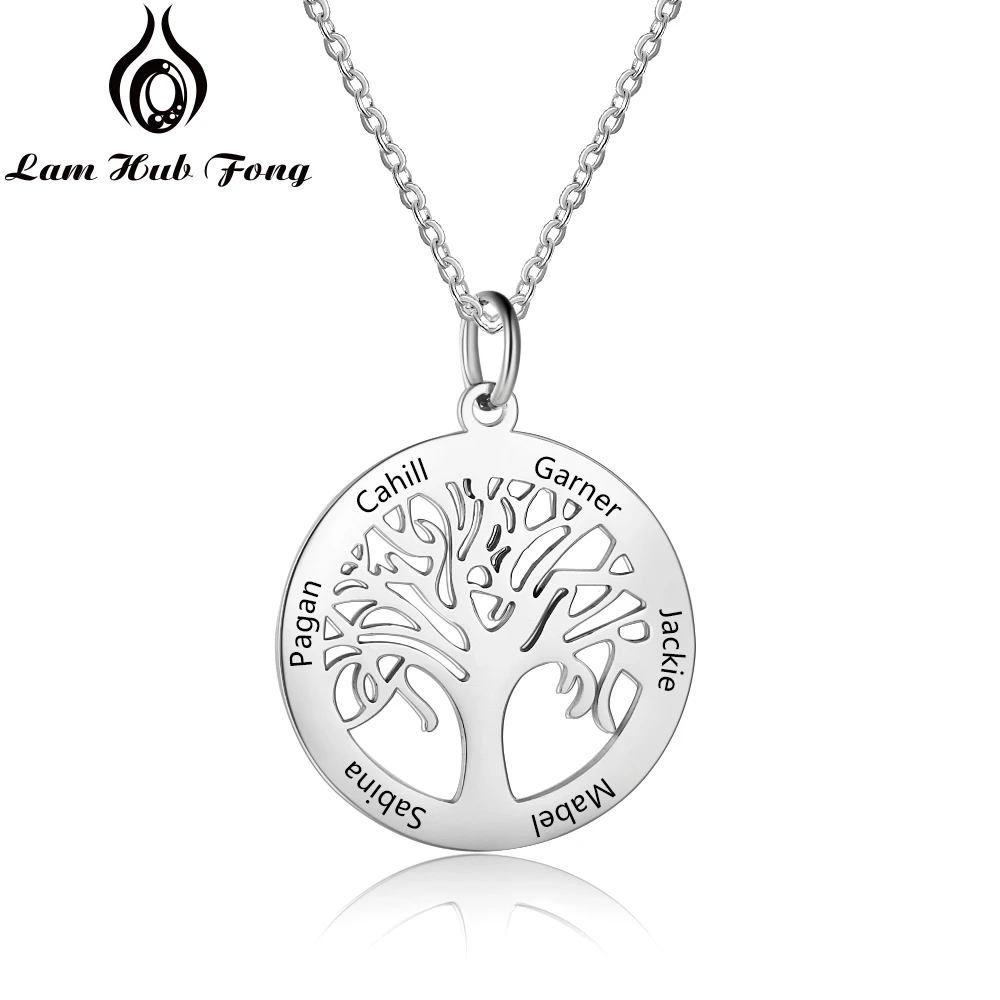 Personalized Family Tree Necklace Custom 6 Names Tree of Life Stainless Steel Pendant Necklace Gift for Mother (Lam Hub Fong)