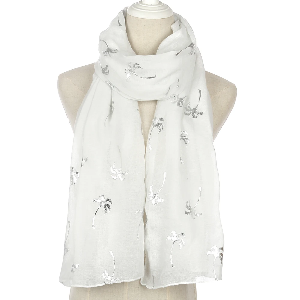 FOXMOTHER New Spring Summer White Grey Navy Coconut Tree Shiny Silver Foil Scarf Glitter For Womens