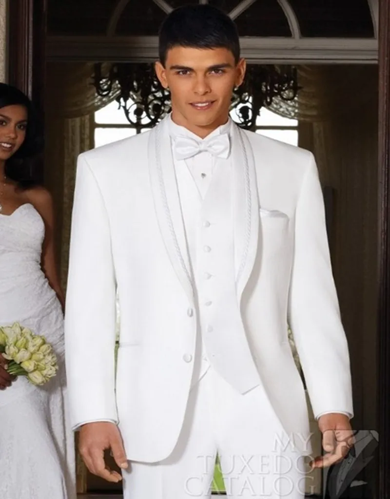 

Custom Made White Wedding Tuxedos For Men, Bespoke White Suits With Ivory White Vest,High Quality Mens White Wedding Suits