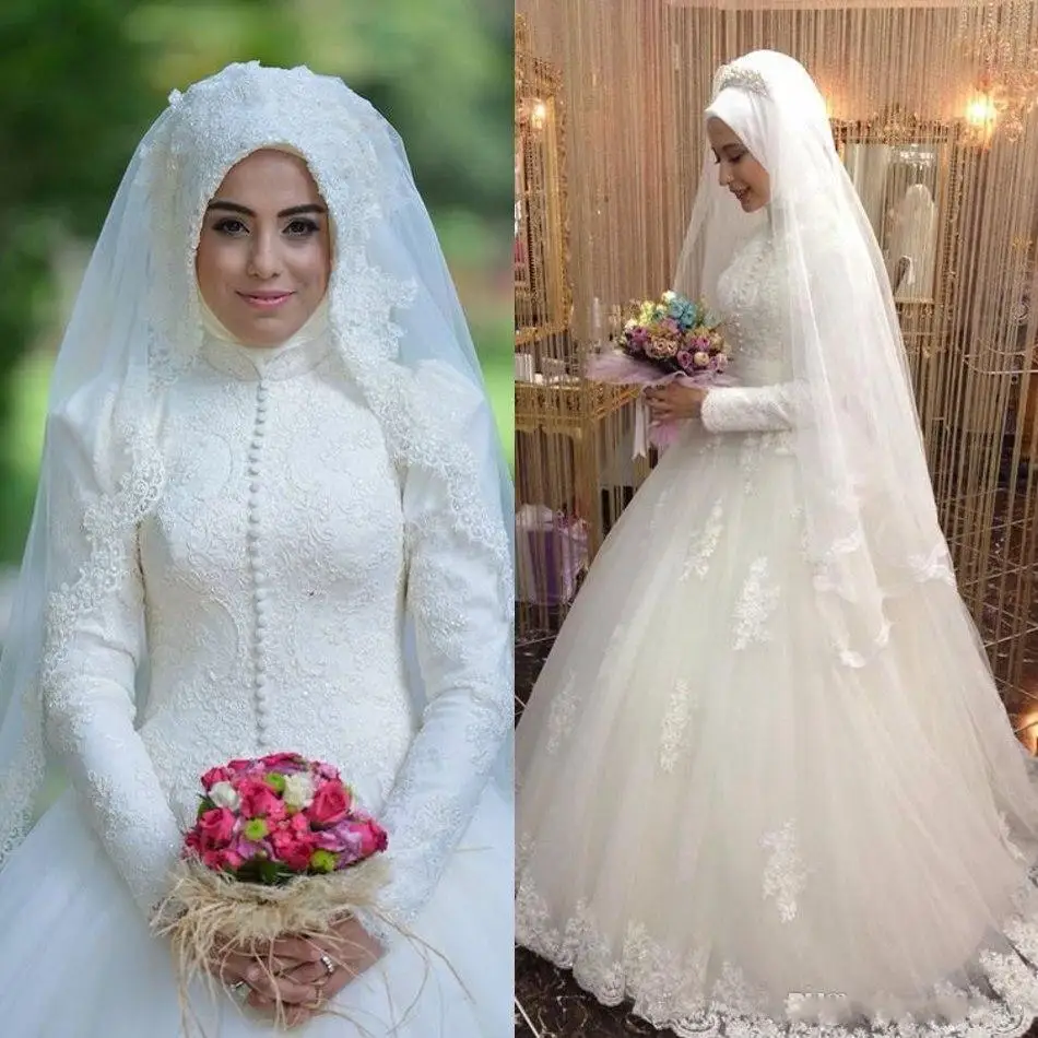 Arabic Bridal Gown Islamic Long Sleeve Muslim Wedding Dress Arab Ball Gown Lace Hijab Wedding Dress 2022