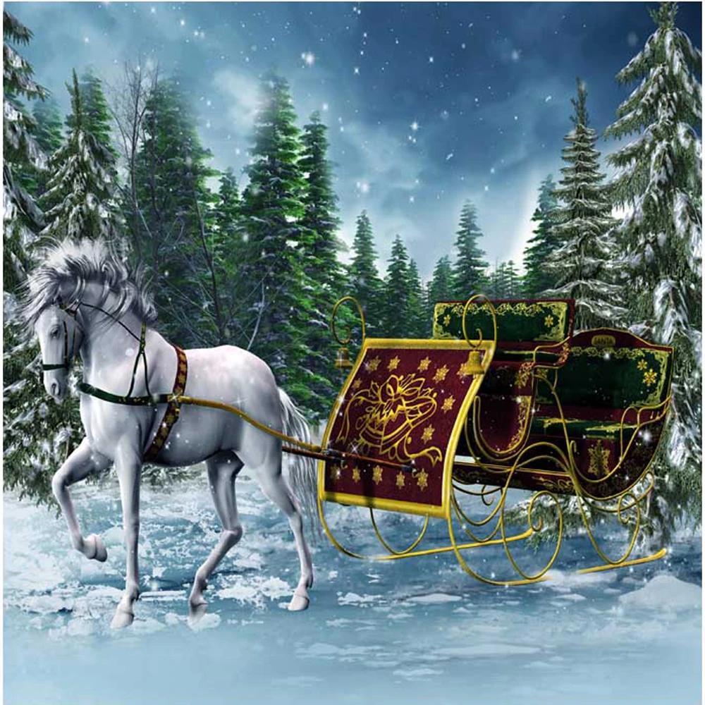 

Vinyl Winter Wonderland Backdrop Printed White Horse Carriage Pine Trees Snowflakes Kids Fairytale Christmas Party Background