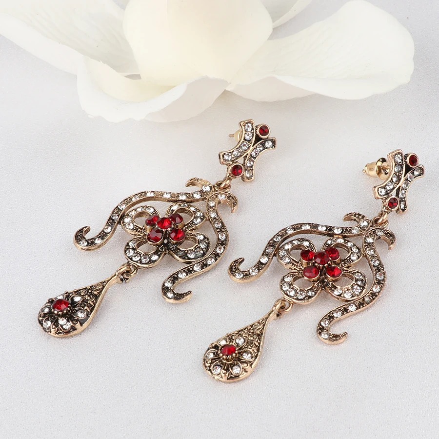 Bohemian Indian Long Earrings For Women Vintage Red Crystal Antique Gold Statement Earings Fashion Jewelry 2018