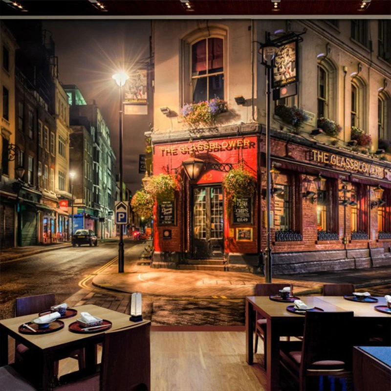 Custom 3D Murals Wallpaper European Street City Night Landscape Photo Wall Cloth Restaurant Cafe Background Wall Covering Decor