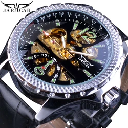 Jaragar Men's Green Number Analog Mechanical Watches Automatic Black Leather Strap Self-Wind Mechanical Sports Relogio Masculino