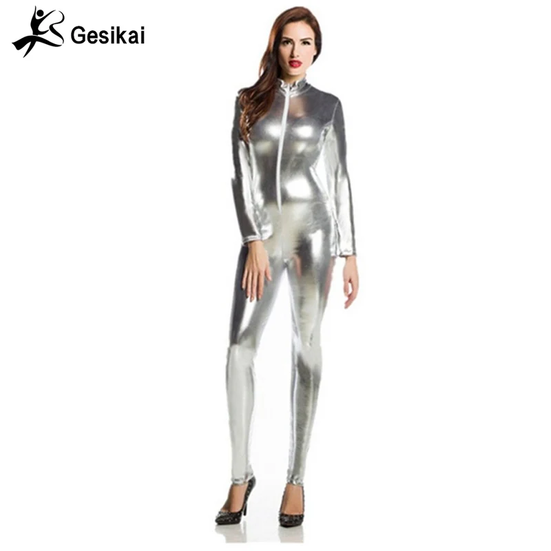 Kobiety lateks garnitur złoty srebrny czerwony błyszczące metalowe rajstopy złoty Zentai garnitur Full Body Unitard niestandardowe Body skóry zamek z przodu