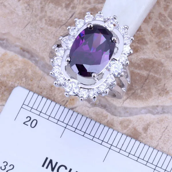 Purple Cubic Zirconia White CZ Silver Plated Jewelry Sets Earrings Pendant Ring Size 6 / 7 / 8 / 9 / 10 S0046