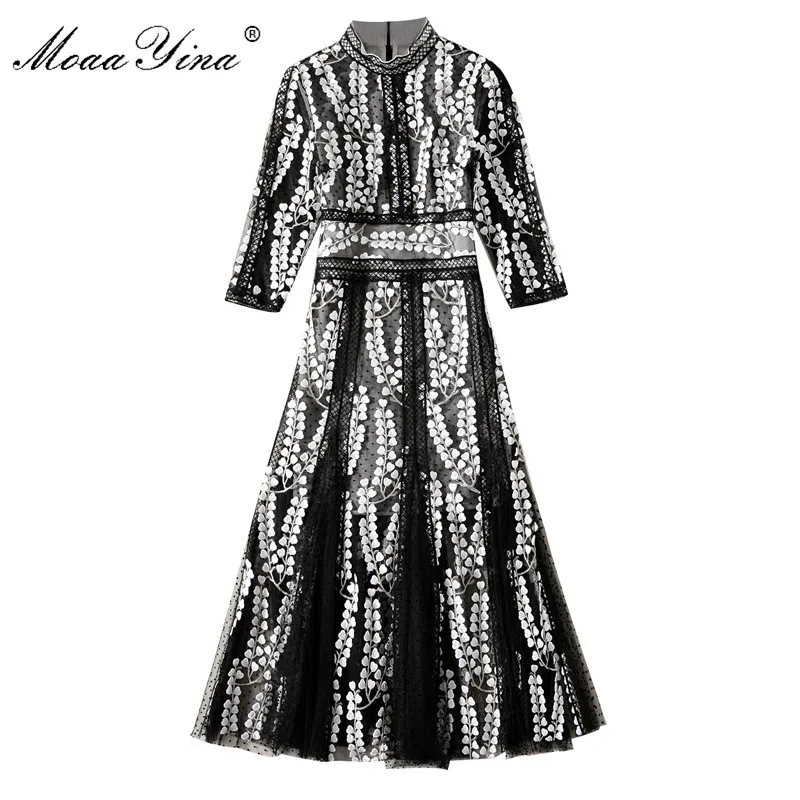 MoaaYina Designer Runway Sexy Dress Spring Women 3/4 Sleeve Mesh Embroidery Hollow Out Patchwork Casual Holiday Vinage Dress