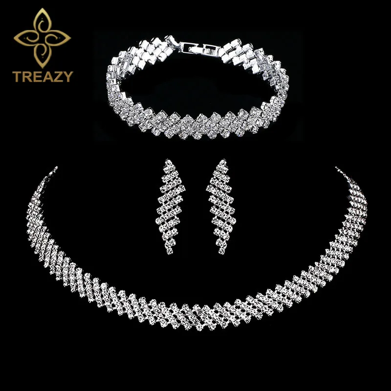 TREAZY Luxury Crystal Bridal Jewelry Sets Silver Color Rhinestone Choker Necklace Earrings Bracelet Women Wedding Jewelry Set