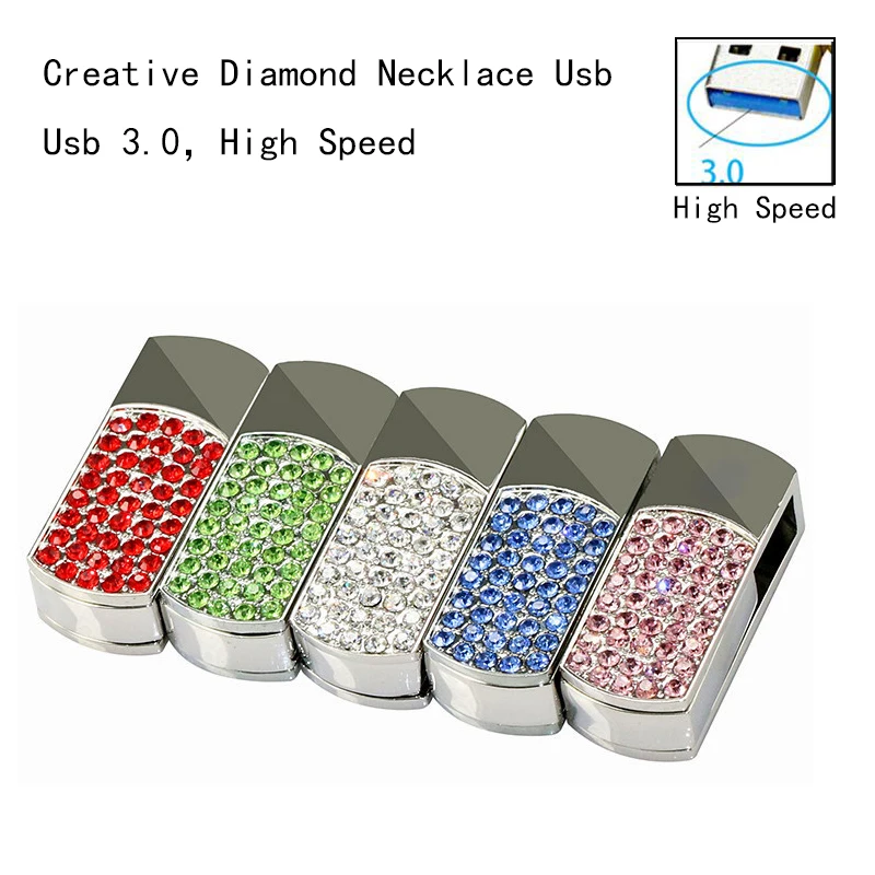 Usb 3.0!Hot Selling Diamond Jewelry Necklace Fashion Gift Pink USB Flash Drive 3.0 64GB Pendrives  Pen Drive 32GB 16GB USB Stick