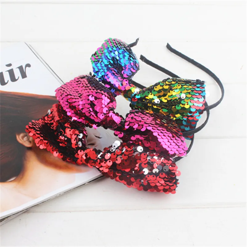 

10PCS/lot 2018 New Kids Reversible Sequin Bowknot Headband Glitter bows Hair hoop Crown Girls Hair Accessories