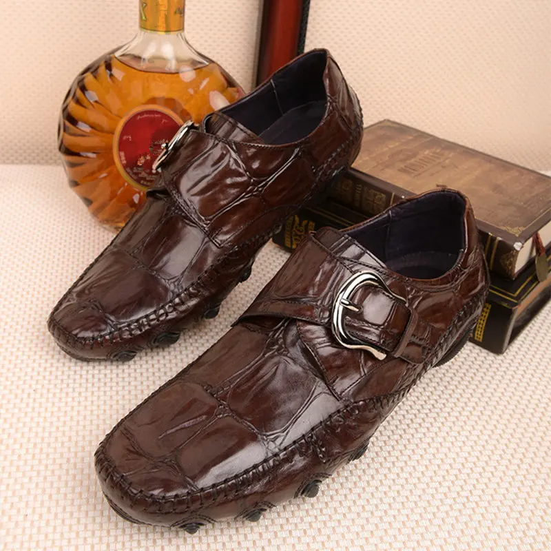 Size 38-44 Full Grain Leather Crocodile Pattern Men Loafers Trendy Buckle Belt Octopus Outsole Leisure Businessman Casual Shoes