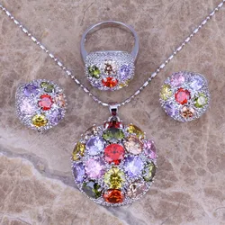 Multigem Multicolor Silver Plated Jewelry Sets Earrings Pendant Ring Size 6 / 7 / 8 / 9 / 10 / 11 / 12 S0025A