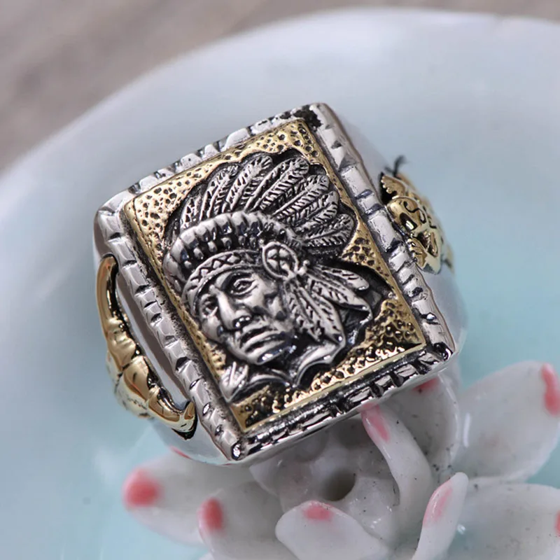 MAYONES Vintage 925 Sterling Silver Open Ring & Hand Carved Indian Chief and Bull Pattern for Personality Men's Punk Rings