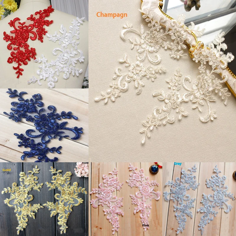 10Pcs 25*12.5cm Embroidered Lace Applique Lace Trim For DIY Wedding Dress many Colors for choice