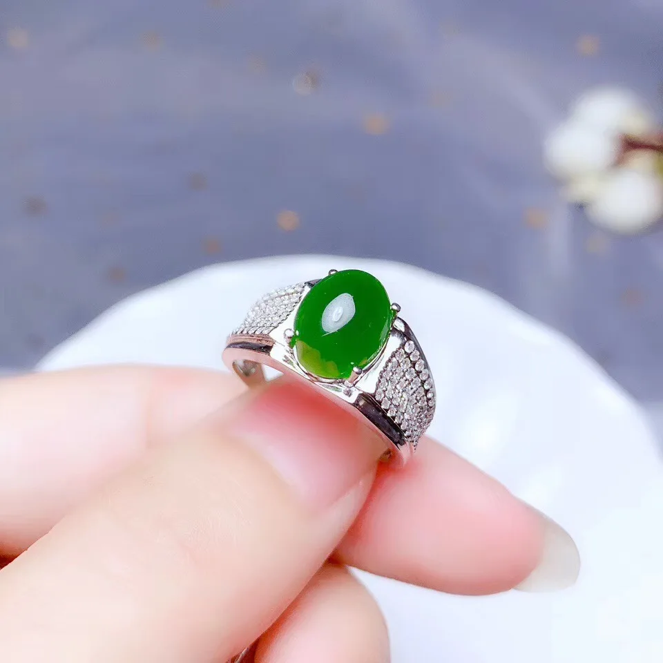 

Natural Hetian Jasper Crystal Ring For Women Lady Men Luck Healing Gift 10x8mm Beads Green Gemstone Adjustable Jewelry AAAAA