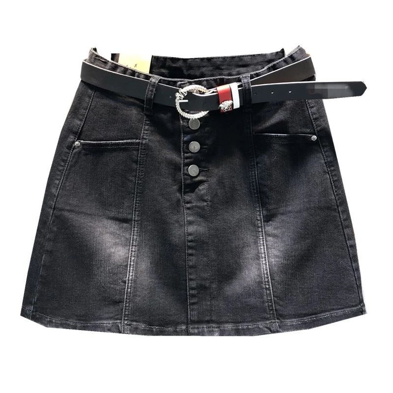 

Black denim mini skirt women autumn new high waist stretch anti-glare a-line single breasted jeans skirt