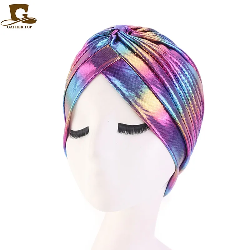 Colorful New Women Laser Silky Ruffle Metallic Turban Hair Cover Accessories Wave Caps Bonnet Salon Hat Turban Headwrap