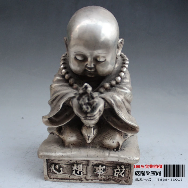 Tibet Silver Household fengshui adornment devout prayers young monk statue-All wishes come true metal handicraft