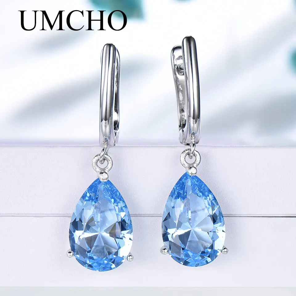 UMCHO Genuine 925 Sterling Silver Clip Earrings for Women Nano Blue Topaz Gemstone Engagement Wedding Anniversary Fine Jewelry