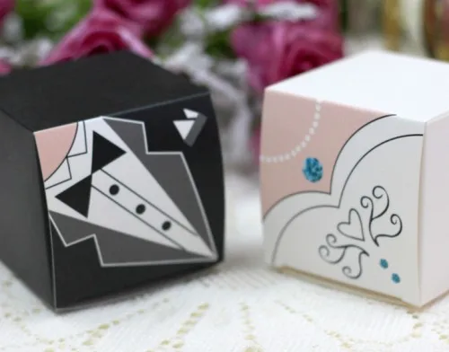 (100 Pieces/Lot=50 Pairs) Bride and Groom Suit Favor box in Square shape for Wedding candy box and Party Favors 2 Options