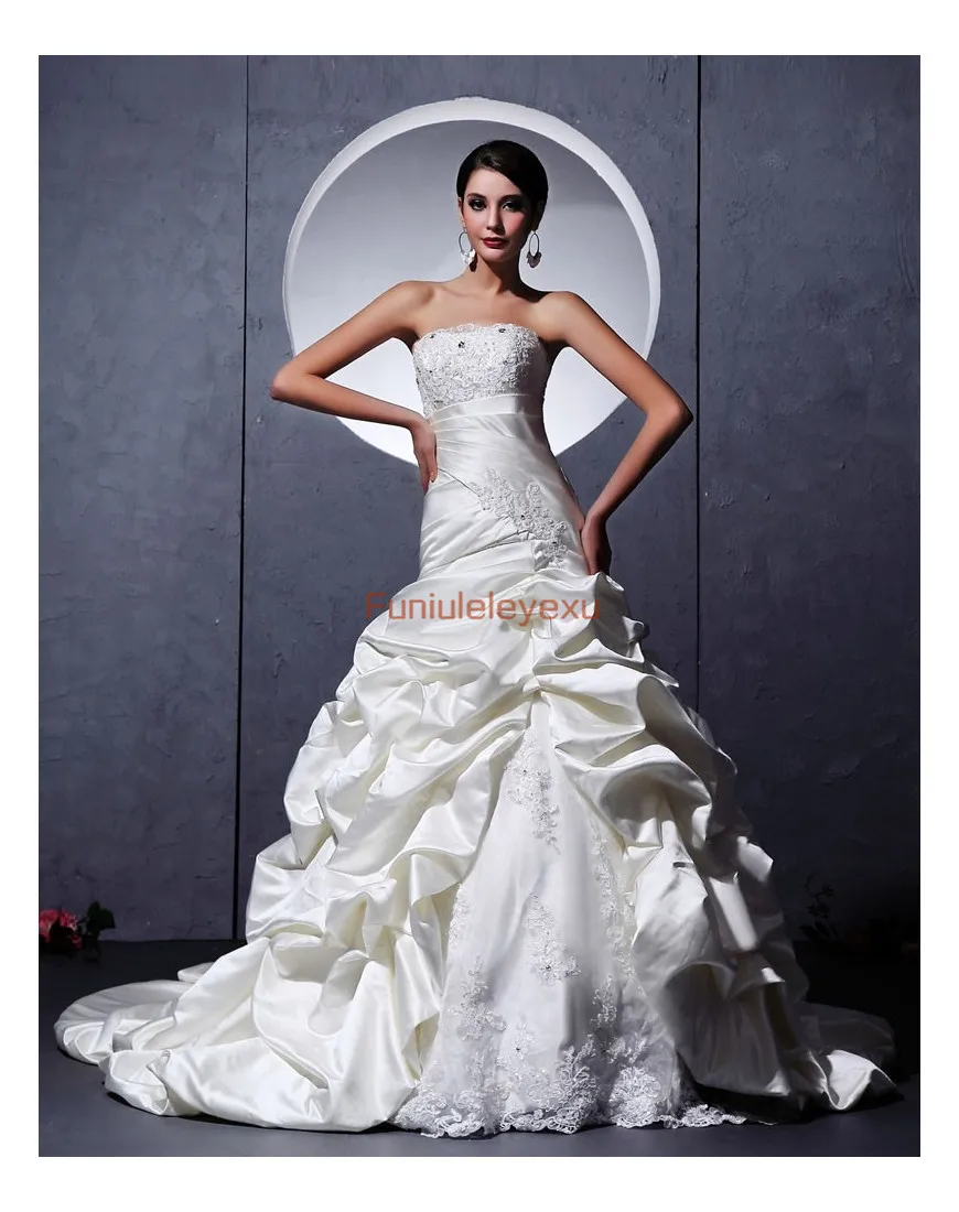 Gorgeous  New Design A Line Strapless Ruched Satin Cathedral Train White Ivory Bridal Ball Gown Wedding Dresses