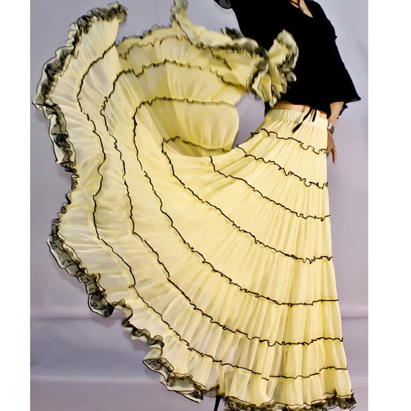 Female Summer Elegant Plus Size 6XL 5XL Big Hem Yellow Chiffon Pleated Stitching Tull BOHO Gypsy Splice Dance Skirts for Womens