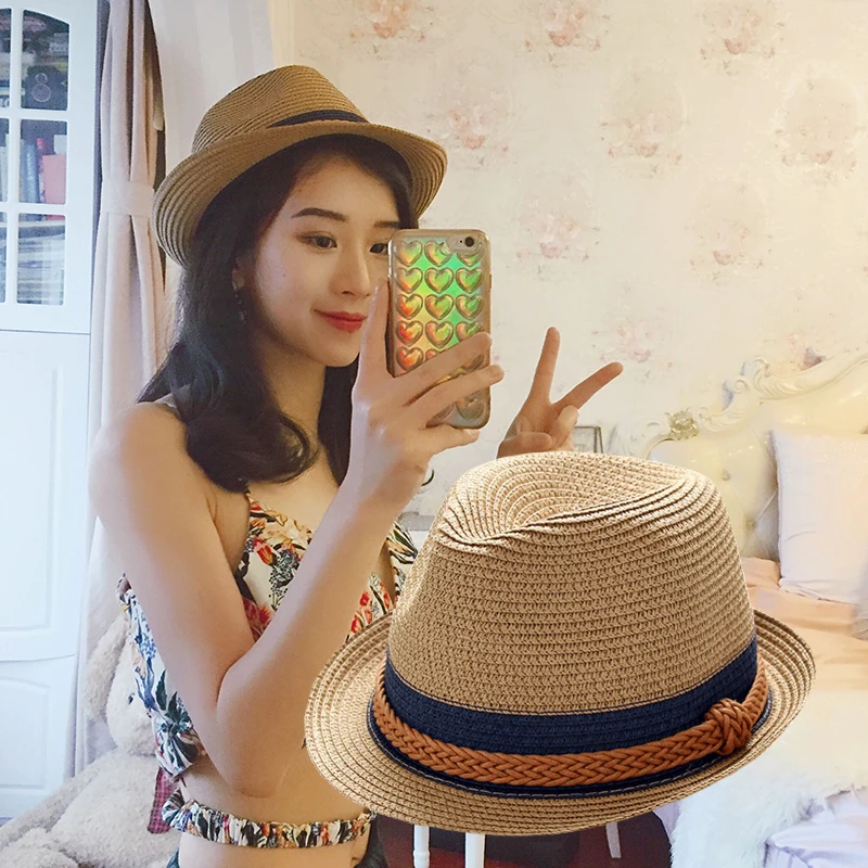 2018 Summer Jazz Women Straw Hat Beach Men Sun Hat Casual Panama Male Cap Hemp Rope Patchwork Striped Straw Hat Visor Cap