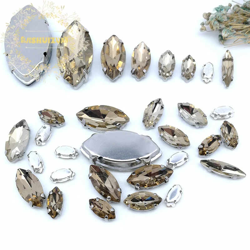 Silver Claw Setting 30pcs/Bag Light Coffee Horse Eye Shapes Mix Clear Gass Crystal Sew On Rhinestone Wedding Dress Shoes Bag Diy