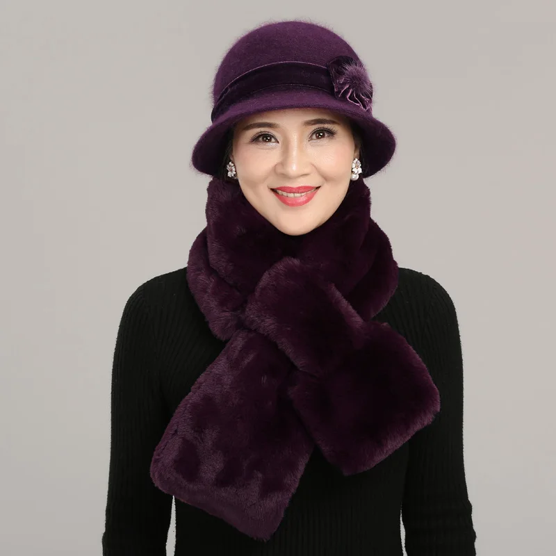 

Rabbit Wool Cap Female Winter Middle Age Mother Hat Women Winter Grandma Thicken Warm Mom Casual Outdoor Scarf Hats Set H7130