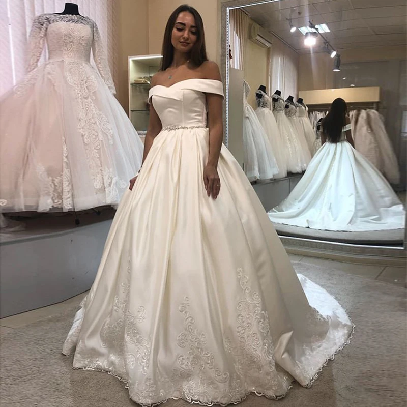 Prinses Baljurk Trouwjurk Off Shoulder Wit Ivoor Robe De Maria 2019 Kralen Belt Applicaties Vestido De Noiva Sweep trein