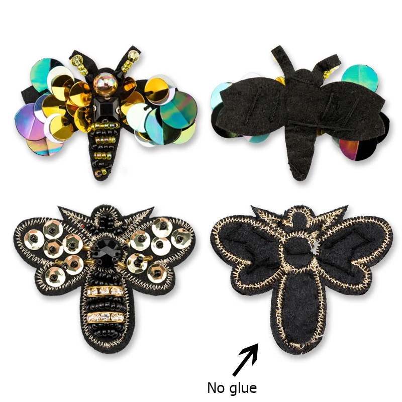 QIAO Handmade Crystal Rhinestone beaded&sequin Patche Bees Shape Fashion Sew on pearl patch for clothes beaded Applique Cute DIY