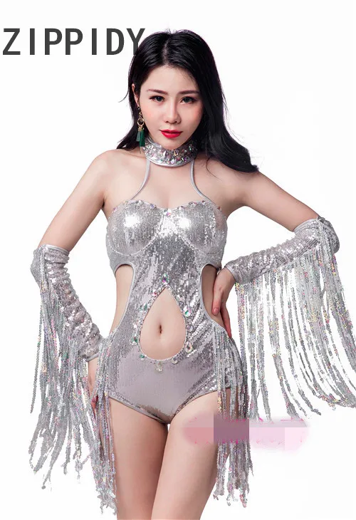 Silver Bright Sequins Tassel Rhinestones Hollow Bodysuit ผู้หญิงชุด Ds ไนท์คลับ Dj Bar นักร้องหญิง Stage เครื่องแต่งกาย