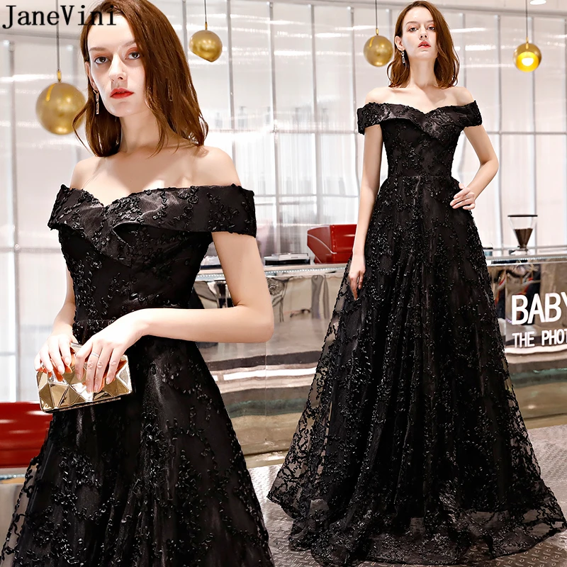 JaneVini-vestidos de dama de honor largos de encaje negro, elegantes, para boda, cuello Barco, sin mangas, línea A, longitud hasta el suelo, tul, fiesta de graduación