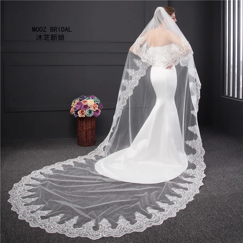 Bridal Veil Cathedral Length Lace Edge Real Pictures BeadsCrystals Decoration 2T 3M Bling bling Wedding Veils Covered Face 2017