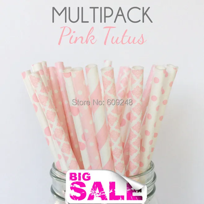 125 Pcs Mixed Colors Pink Tutus Party Paper Straws,Pale Baby Pink Damask,Polka Dot,Stripe,Swiss Dot,Bridal,Baby Shower,Birthday