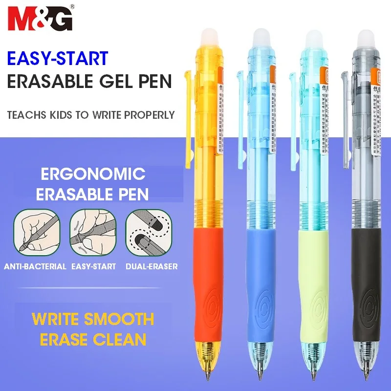 12pcs/box M&G Erasable Gel Ink Roller Ball Pens 0.5mm,Black/Blue/Crystal Blue,Dual Eraser & Anti-bacterial & Ergonomic Grip