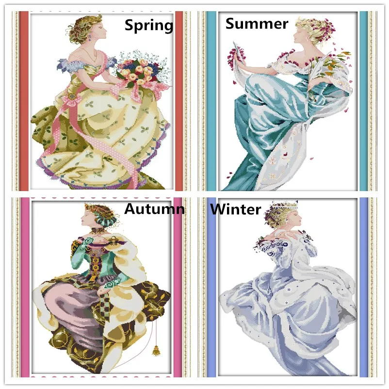 4 Season Summer Beautiful Girls Counted Cross Stitch Kits Unprinted Blank Canvas DMC 14CT 11CT Cross-stitch DIY Embroidery Sets