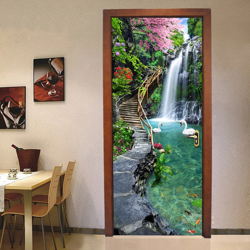 Waterfall Landscape 3D Photo Wallpaper For Living Room Bedroom Door Sticker PVC Self-Adhesive Vinyl Wall Paper 77x200cm/95x215cm