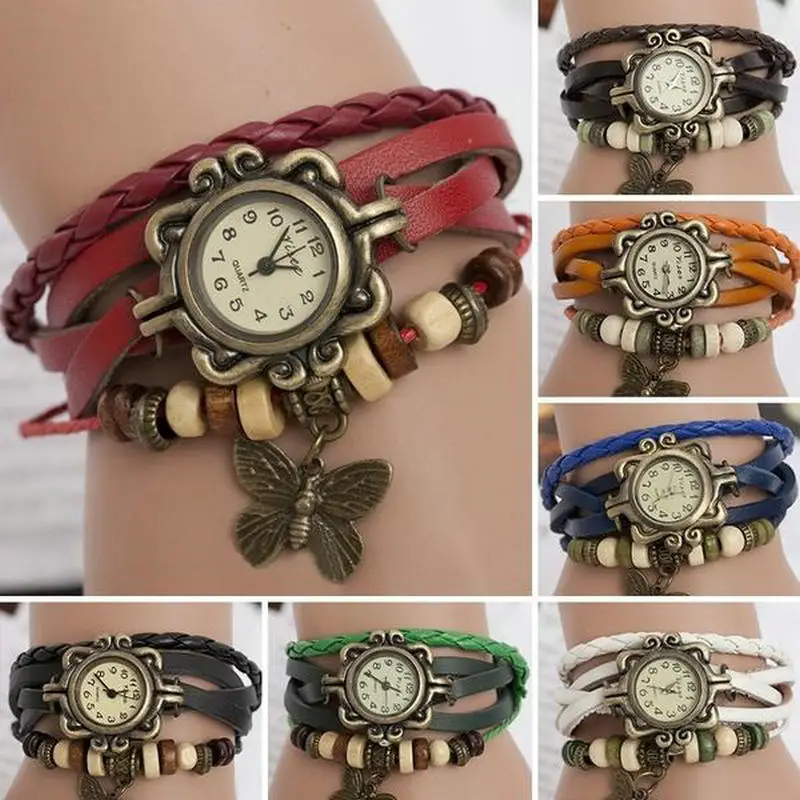 Fashion Women Wrist Watch Weave Braided Quartz Butterfly PU Leather Bracelet Beads Round Women Students Bracelet Watches