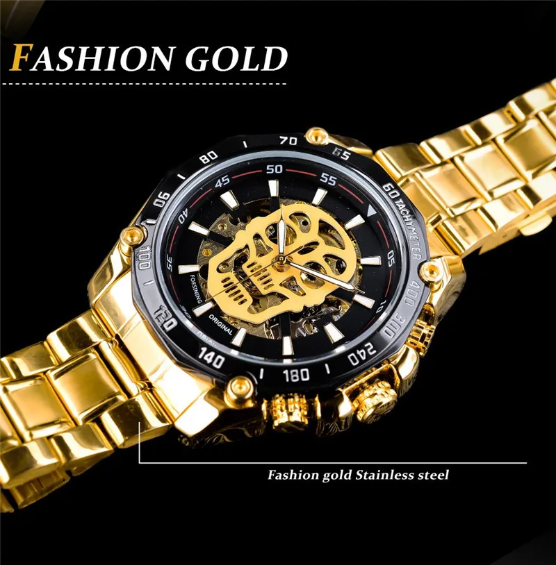 2018 Fashion Winner Brand Mechanical Watch Men Skull Design Clock Luxury Gold Stainless Steel Strap Man Skeleton Men Auto Wrist