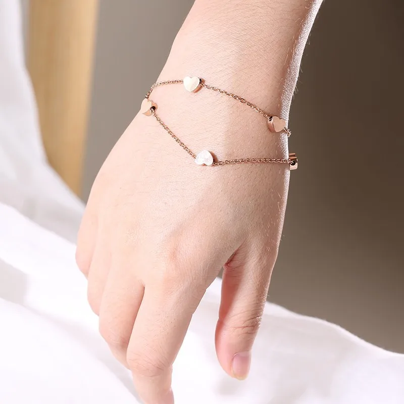 Vnox Elegant Heart Love Charm Bracelets for Women Double Chain Rose Gold Color