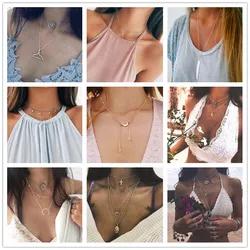 Hot Fashion Multilayer Coin Tassels Lariat Sexy Necklaces Moon Choker Elephant Feather Short Chain Pendants Collares For Women