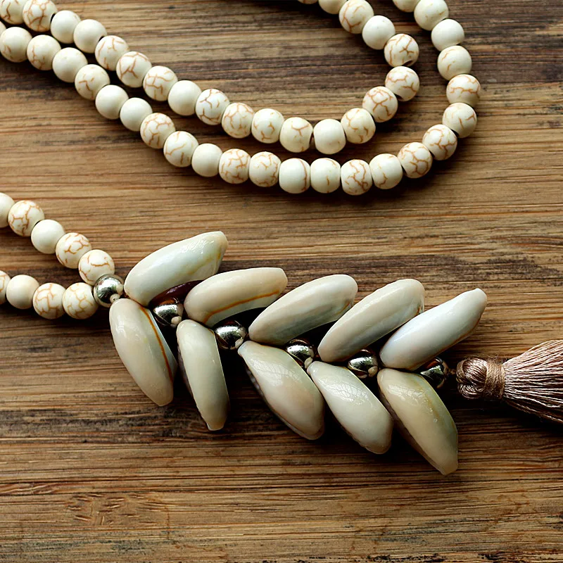 6mm White stone bead necklace with handmade Natural shell tassel long necklace for women jewelry